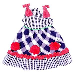Youngland‎ Sundress Girls 2T Black White Plaid Gingham Ladybug Flower Dress